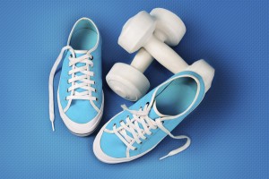 Blue Gym Shoes and Dumbells